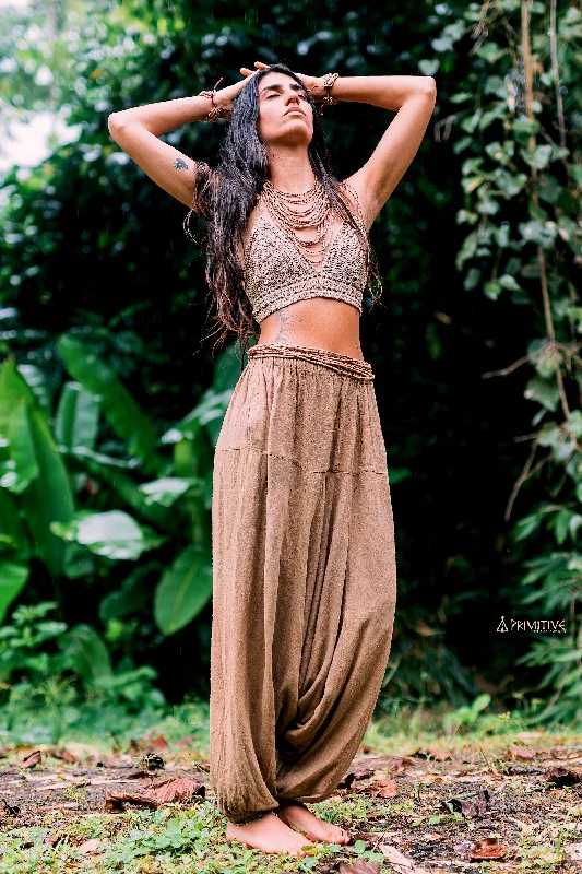 Talia Outfit >> Knitted Wild Hemp Beach Top + Raw Silk Harem Pants Comfortable Denim Leggings