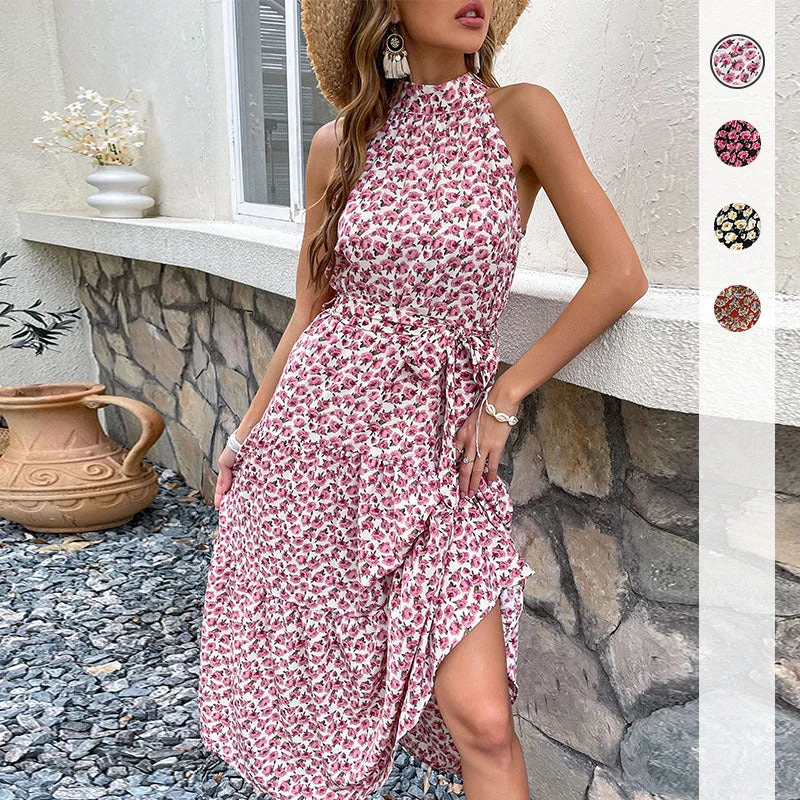 IKEARLAX cross-border  trade   summer  women's clothing suspender neck sleeveless floral dress Tunics Custom made