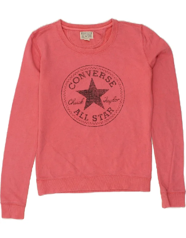 CONVERSE Womens Graphic Sweatshirt Jumper UK 10 Small Pink Flecked Cotton Hoodie with Rhinestones Sparkly Elegant