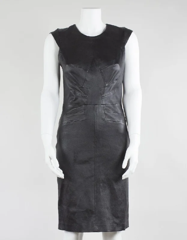 Rebecca Vallance Black Leather Capped Sleeve Shift Dress With Exposed Back Zipper Small Tunics Fashionable trendy Rebecca Vallance Black Leather Capped Sleeve Shift Dress With Exposed Back Zipper Small Tunics Fashionable trendy
