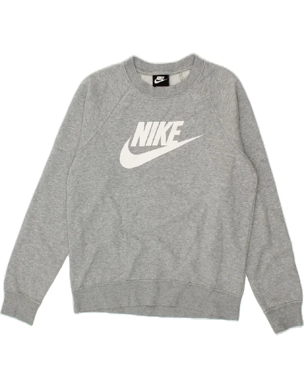 NIKE Womens Oversized Graphic Sweatshirt Jumper UK 10 Small Grey Cotton Hoodie with Hem Raw Edge Edgy Unfinished