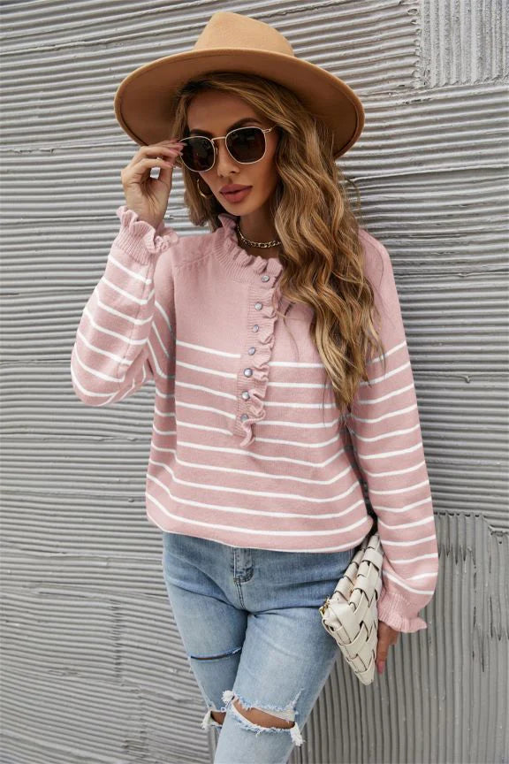 STYLISH BUTTON WOOD EAR STRIPED STITCHING SWEATER Sweater Knitwear Pullover