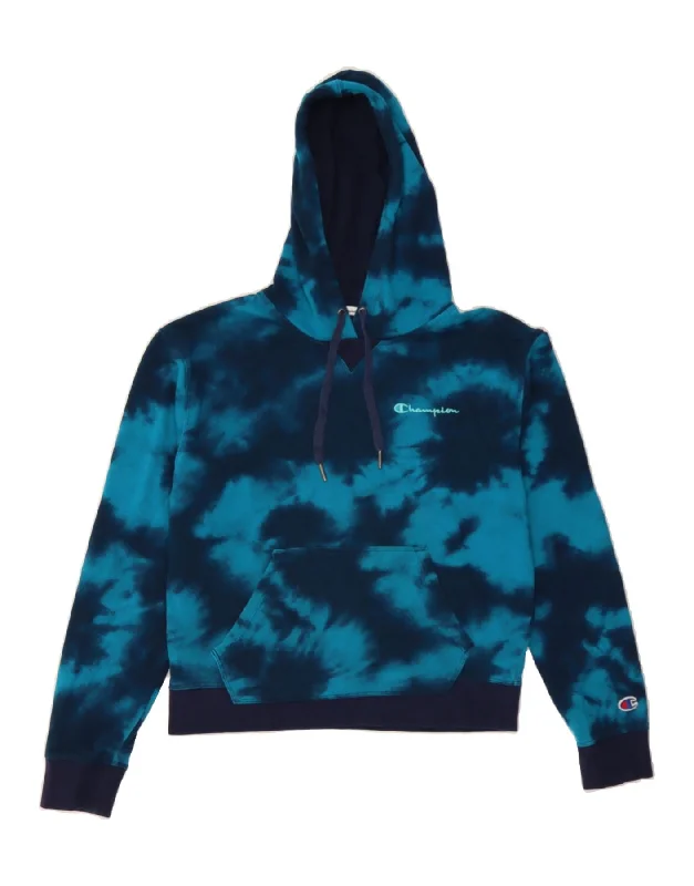 CHAMPION Womens Hoodie Jumper UK 14 Medium Blue Tie Dye Hoodie with Hem Drawcord Adjustable Customizable