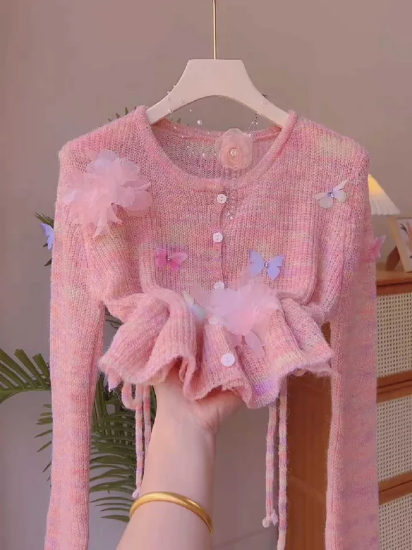 Ruffles Flowers Butterfly Pink Sweater Terry Terry Cloth Terry Knit