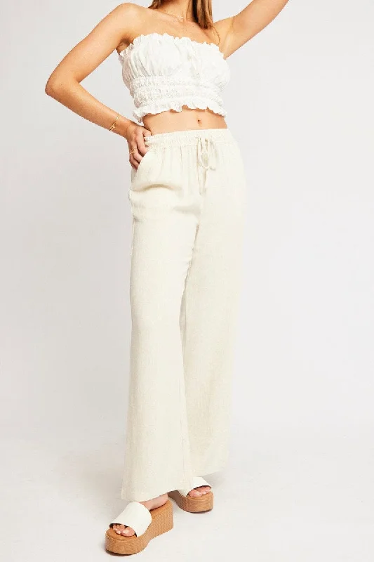 Beige Wide Leg Pants Elasticated Waist Lightweight Linen Pants