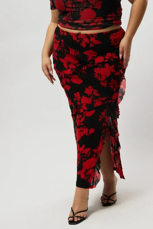 Red Abstract Stretch Frill Printed Maxi Skirt velvet skirt sumptuous