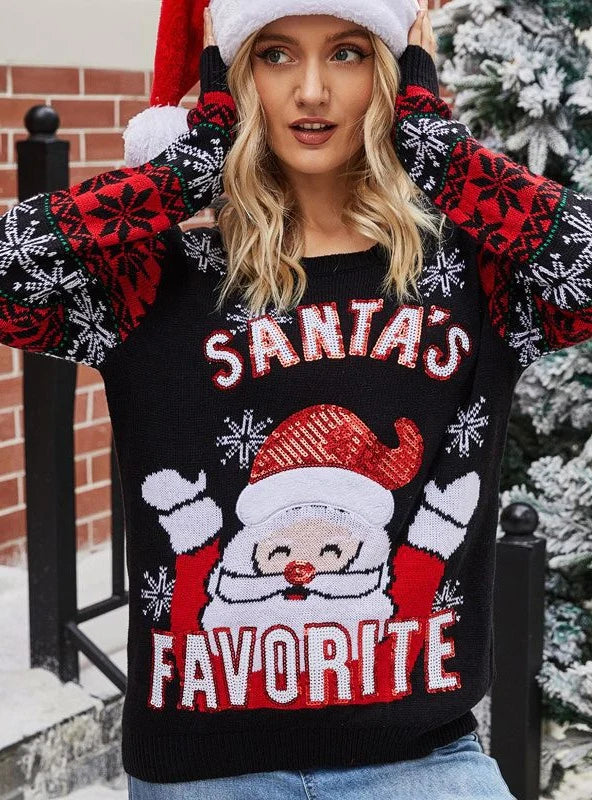 STYLISH CHRISTMAS EMBROIDERY ROUND NECK SWEATER Modern Contemporary Chic