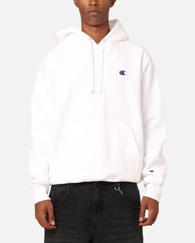 Champion Reverse Weave Small C Hoodie White Hoodie with Slit Hem Functional Movement