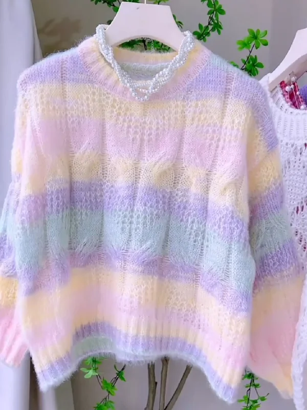Soft Knit Fuzzy Dreamy Pastel Rainbow Sweater Boxy Sweater Fitted Sweater A-Line