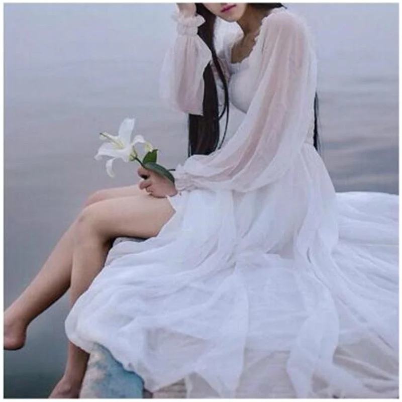 Wjczt Fairy White Beach Dress Fashion Women Lantern Sleeve Chiffon Princess Dress High Wait Loose Casual A Line Long Holiday Vestidos Tunics Luxurious high-end Wjczt Fairy White Beach Dress Fashion Women Lantern Sleeve Chiffon Princess Dress High Wait Loose Casual A Line Long Holiday Vestidos Tunics Luxurious high-end