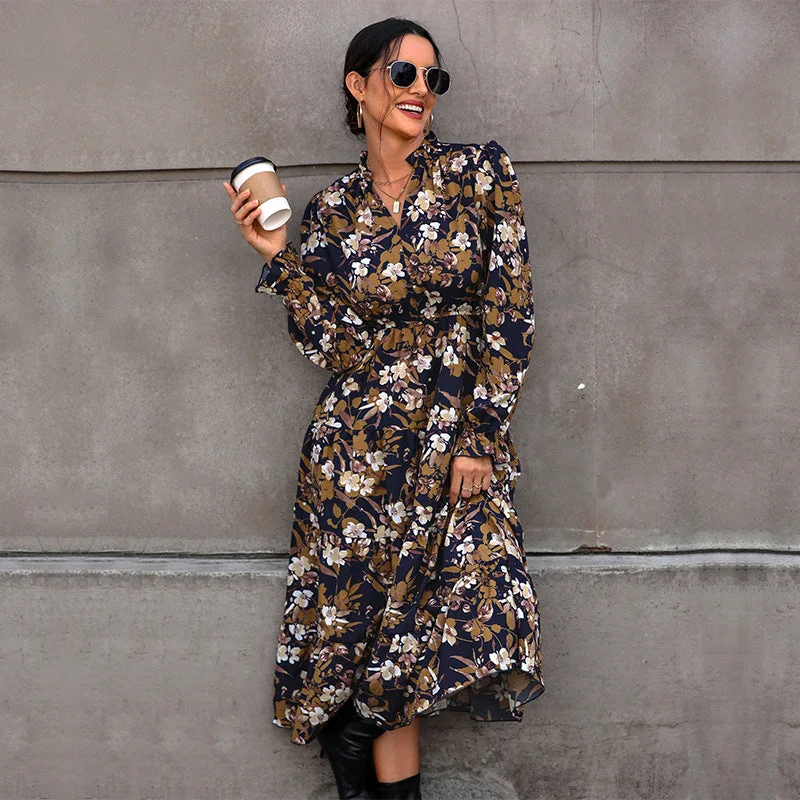 IKEARLAX 2025 cross-border New autumn floral temperament commuter dress retro printed women's dress V-neck fashion dress Tunics Sophisticated sleek