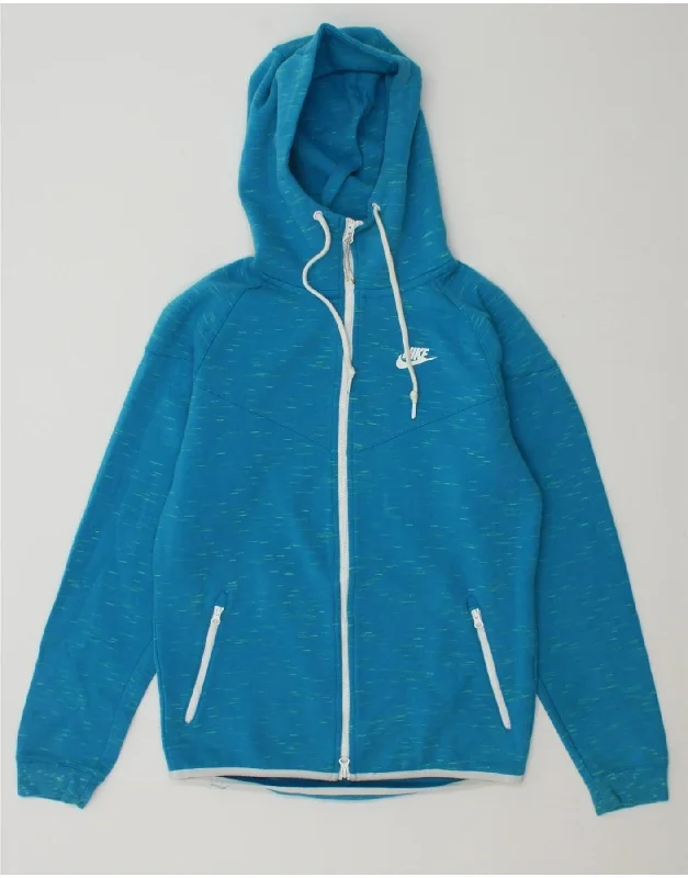 NIKE Womens Zip Hoodie Sweater UK 14 Large Blue Cotton Ribbed Striped Patterned