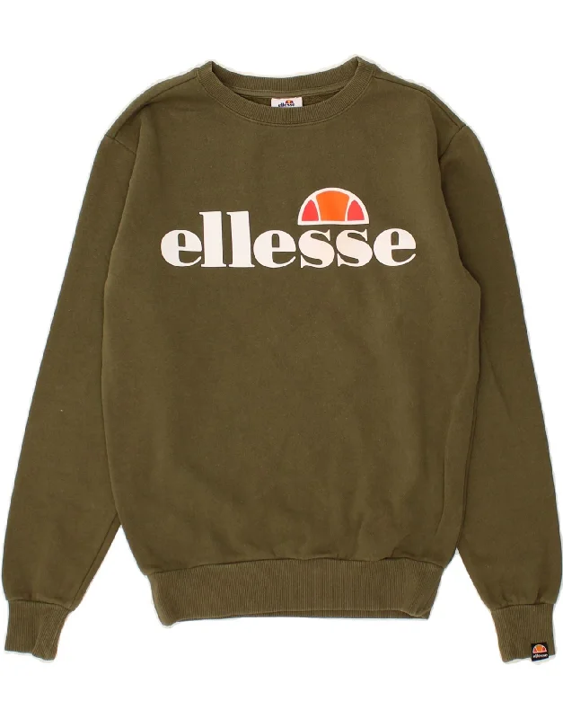 ELLESSE Womens Graphic Sweatshirt Jumper UK 6 XS Khaki Cotton Hoodie with Contrast Stitching Detailed Premium