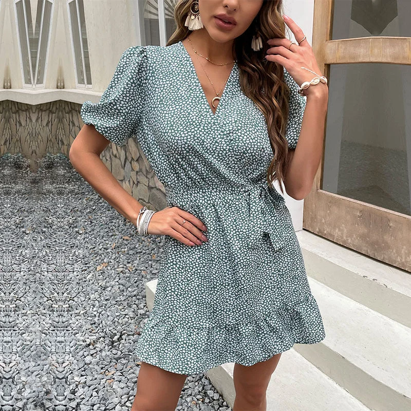 IKEARLAX cross-border  trade women's clothing Europe, America and   summer printing lotus leaf edge lace-up lisianthus dress Tunics Versatile all-occasion