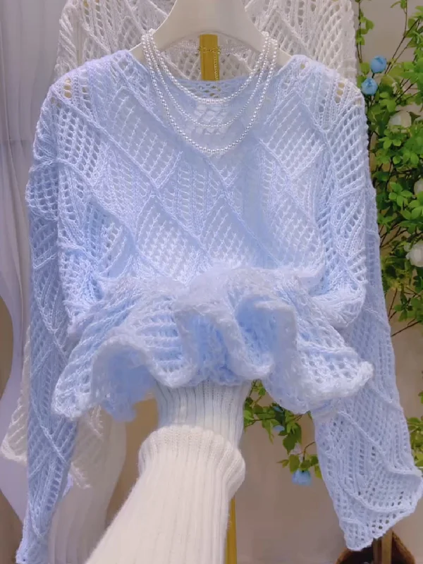 Lace-Knit Pattern Light Blue Sweater Mesh Fabric Canvas Fabric Denim Fabric