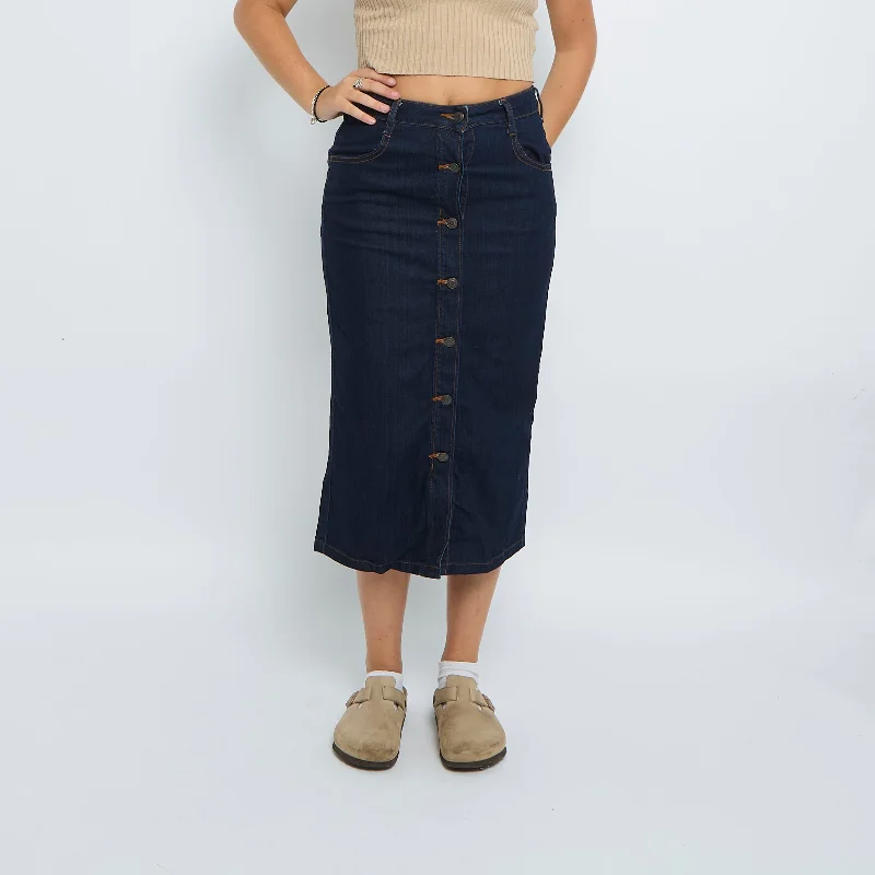 Denim Buttoned Maxi Skirt - UK 10 silk skirt lustrous