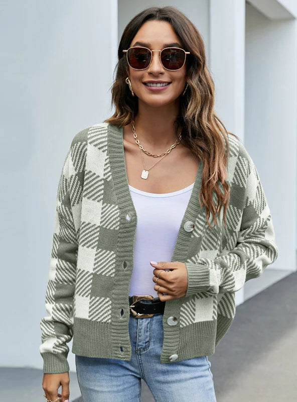 STYLISH V-NECK LOOSE PLAID LONG SLEEVE SWEATER COAT Terry Blend Velvet Blend Canvas Blend