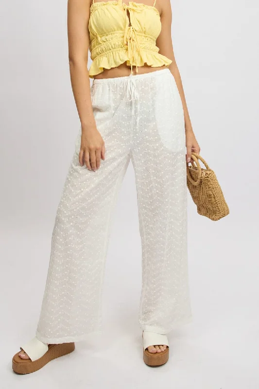 White Wide Leg Pants High Rise Eyelet Fabric Soft Wool Pants