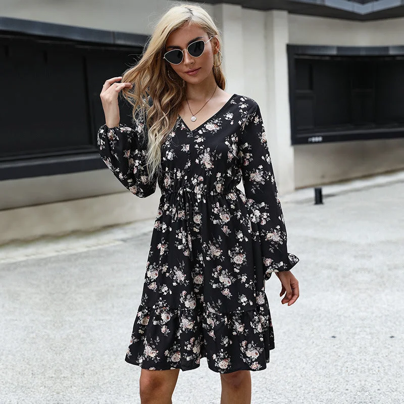 IKEARLAX cross-border  trade autumn   floral v-neck long-sleeved skirt lace-up A-word  dress women Tunics Cozy comfortable