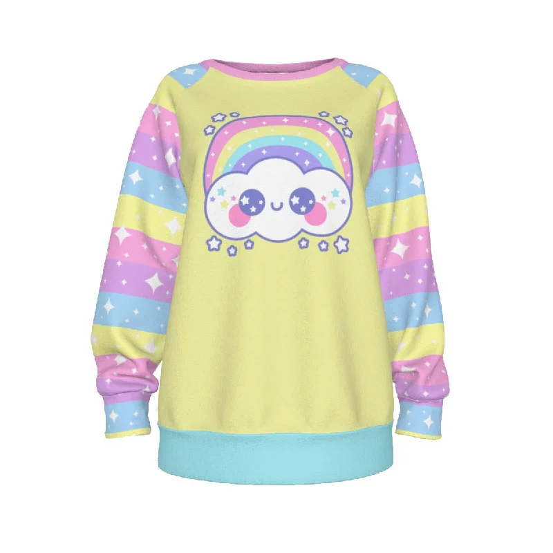 Happy Rainbow Cloud Yellow Women's Raglan Sleeve Sweatshirt Cotton Hoodie Fleece Lining Warmth