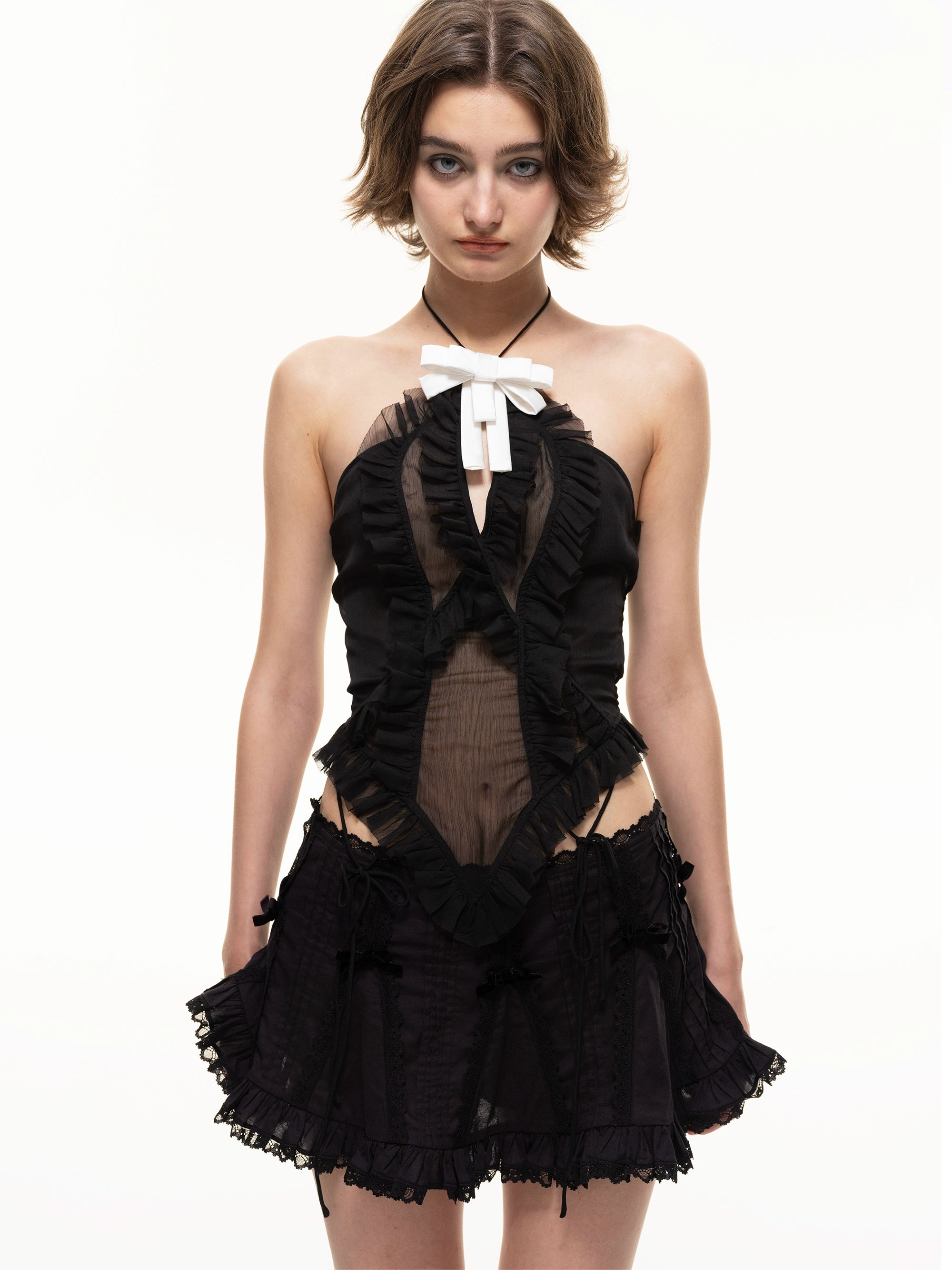 Nodress Black Lace Trim Pleated Cotton Mini Skirt high slit skirt