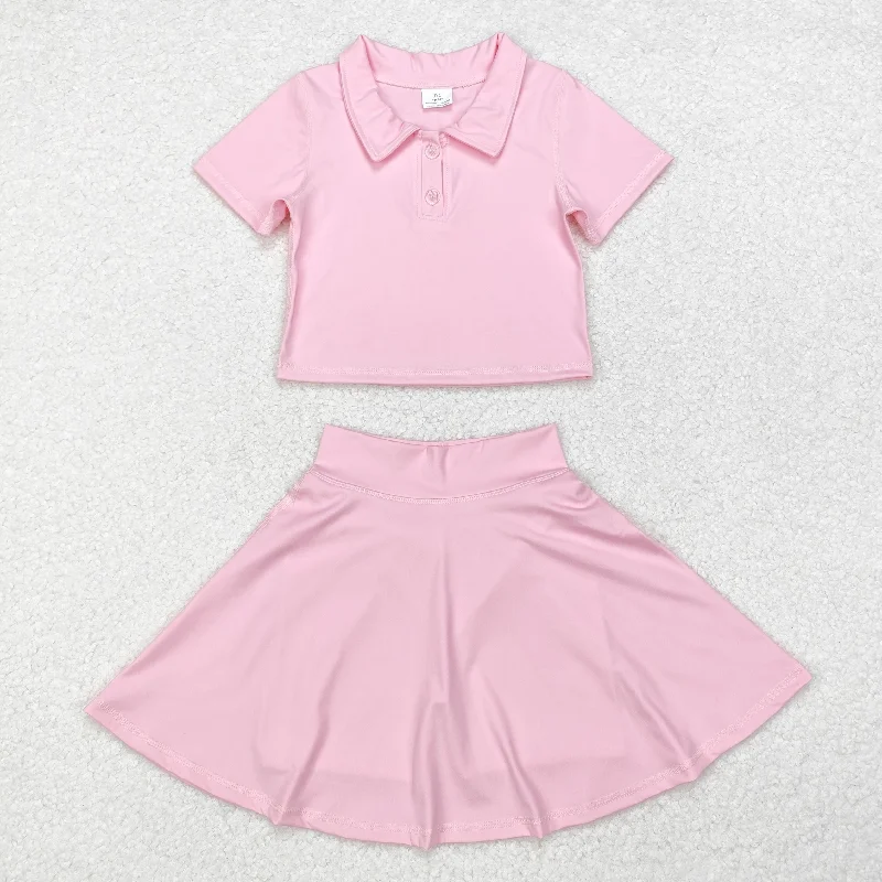 GSD1393 Solid pink short sleeve skirt yoga suit cashmere skirt fine