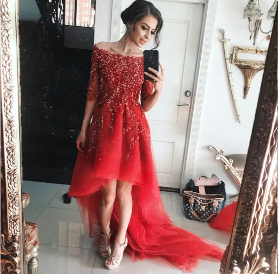 Lace Beaded Tulle Front Short Long Back Prom Dress With Sleeves   cg9304
