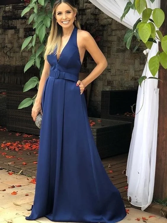 A Line V Neck Navy Blue Long Prom Dresses with Pocket, Navy Blue Formal Dresses with Belt cg9275 A Line V Neck Navy Blue Long Prom Dresses with Pocket, Navy Blue Formal Dresses with Belt cg9275