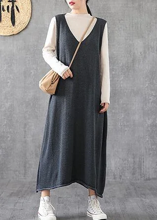 Women v neck sleeveless Tunics Fabrics gray long Dresses spring