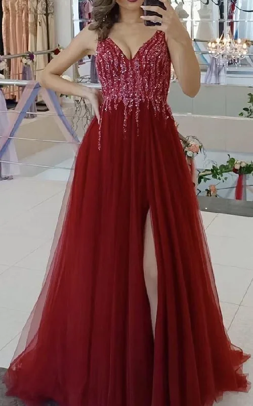 Elegant long red tulle prom split dresses v neck sequin beaded evening dress  C2315