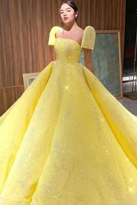 Ball Gown Sparkly Yellow Short Sleeves Prom Dresses Evening Dress  C2152