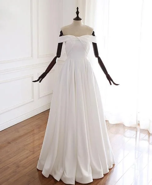 Simple white off shoulder long prom dress white evening dress  cg9729