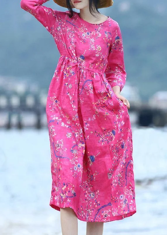 Women rose linen Long Shirts drawstring long prints Dress