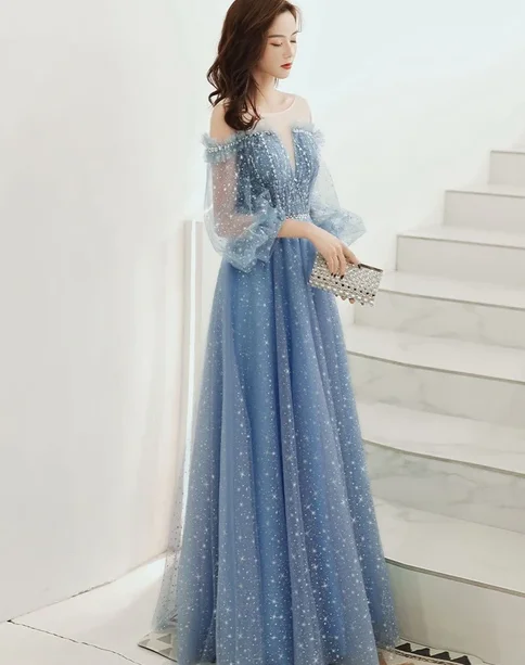 2021 BLUE ROUND NECK TULLE SEQUIN LONG PROM DRESS TULLE EVENING DRESS   cg10278