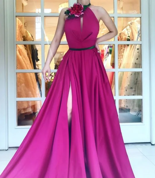 Charming Sexy High Slit Prom Dress,Halter A Line Prom Dress , Floor Length 3D Flower Evening Dress,Custom Made Formal Gowns cg9701 Charming Sexy High Slit Prom Dress,Halter A Line Prom Dress , Floor Length 3D Flower Evening Dress,Custom Made Formal Gowns cg9701