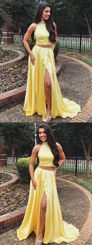 A Line High Neck Two Pieces Yellow Satin Long Prom Dresses with High Split, Yellow Formal Dresses, Evening Dresses cg9276 A Line High Neck Two Pieces Yellow Satin Long Prom Dresses with High Split, Yellow Formal Dresses, Evening Dresses cg9276