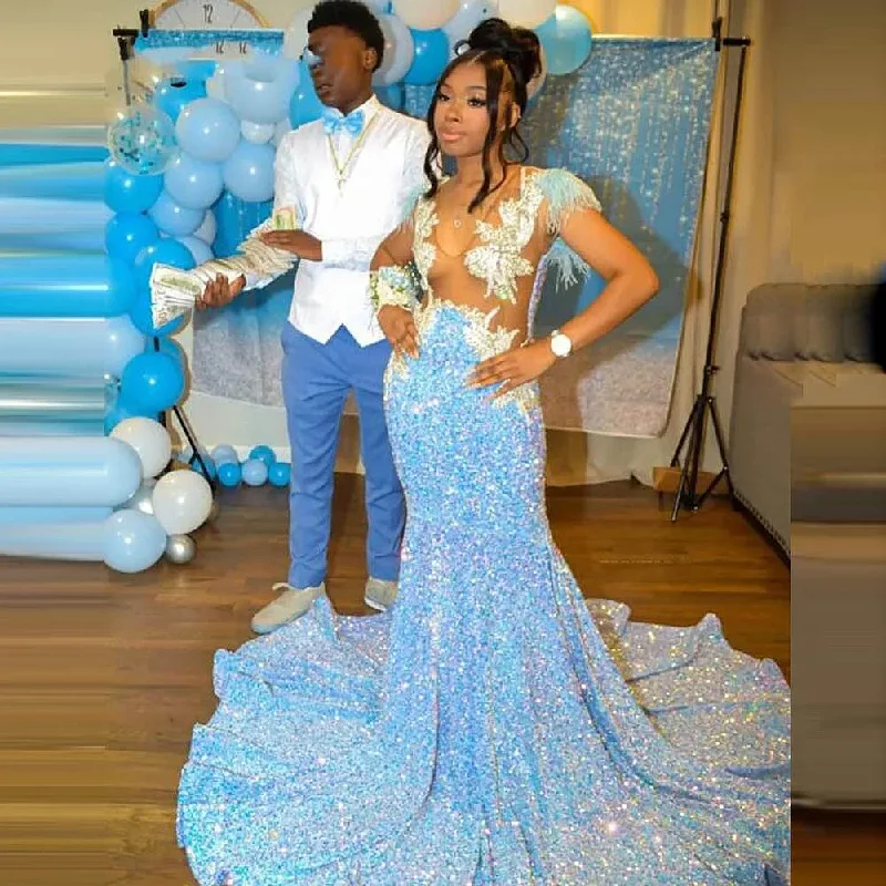 Pretty Wedding Reception Dress V Neck Sequined Feahers Appliques Mermaid Prom Dress Long Girls Birthday Party Gowns Pretty Wedding Reception Dress V Neck Sequined Feahers Appliques Mermaid Prom Dress Long Girls Birthday Party Gowns