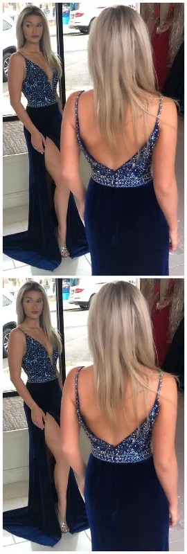 Gorgeous V Neck Sheath Navy Blue Beaded Long Prom Dress with Straps and Slit  cg9350