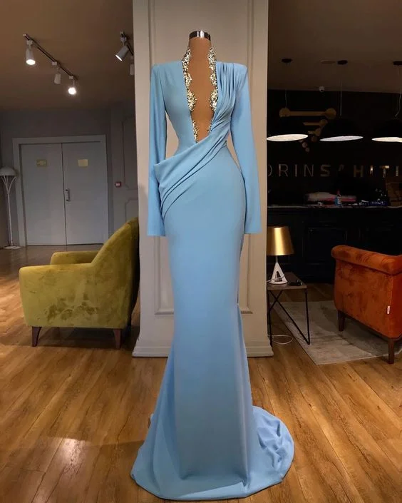 blue evening dress, deep v neck evening dress, lace applique evening dress C2245