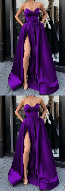 purple satin strapless prom dresses with pockets   cg9905