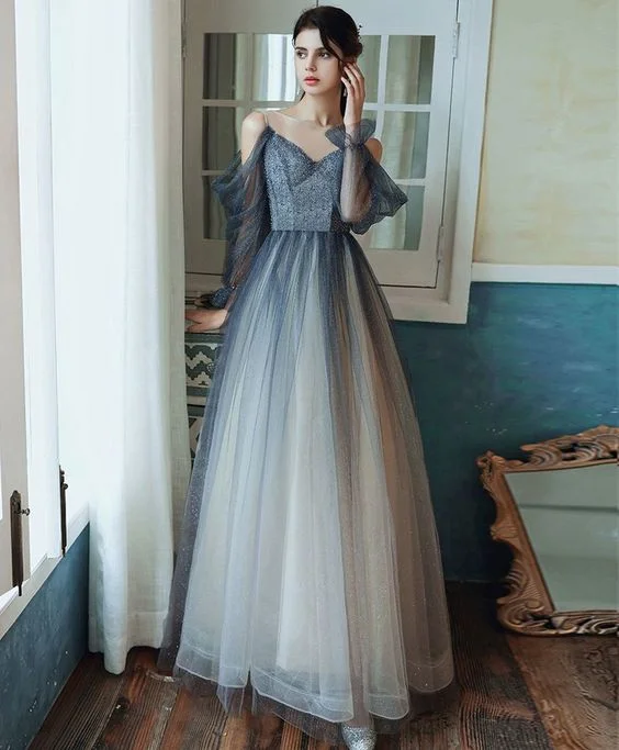 2021 Blue tulle sequin long prom dress blue tulle formal dress  cg9737