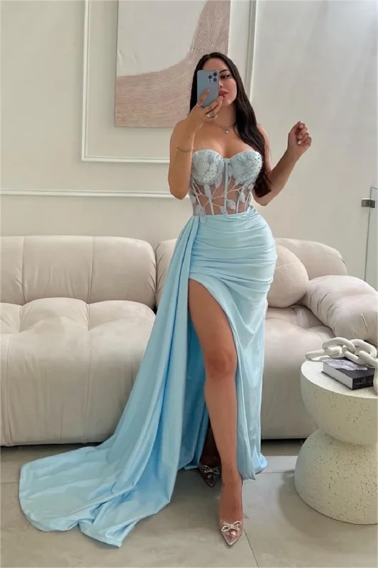 Satin Sweetheart Mermaid Prom Dresses With Split Sheer Corset Lace Appliques Formal Evening Party Sleeveless Long Ball Gowns Satin Sweetheart Mermaid Prom Dresses With Split Sheer Corset Lace Appliques Formal Evening Party Sleeveless Long Ball Gowns