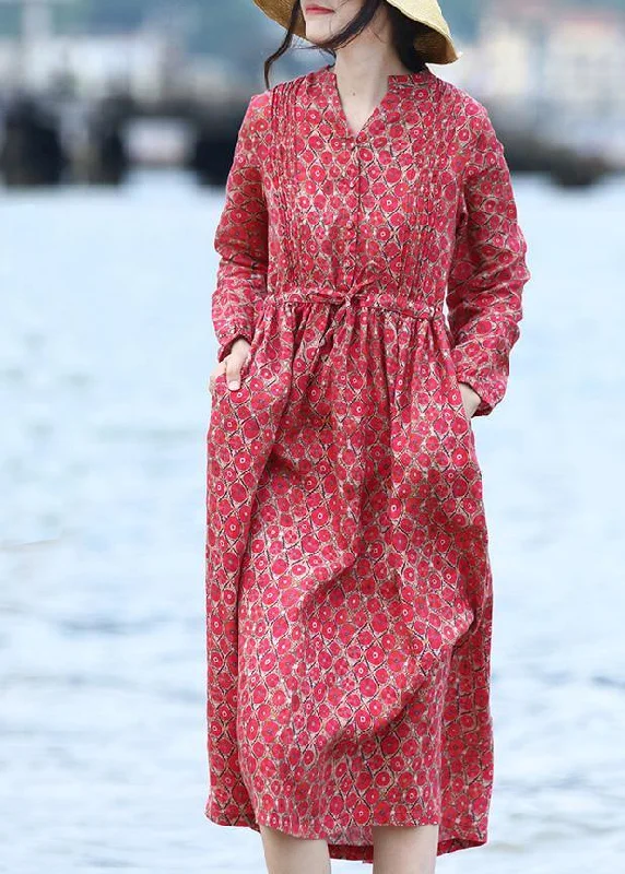 Classy red prints linen clothes v neck Art spring Dresses