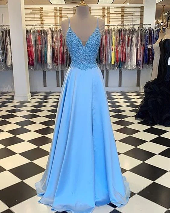 Spaghetti Straps Lace Bodice Satin Prom Dress with Slit   cg9951
