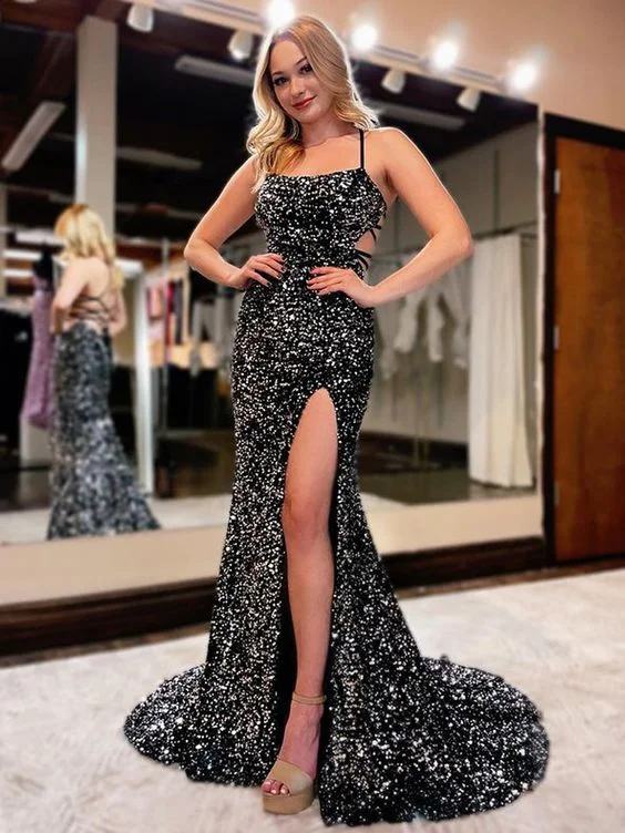 Glitter Mermaid Scoop Neck Black Sequins Long Prom Evening Dresses with Cross Back C2215