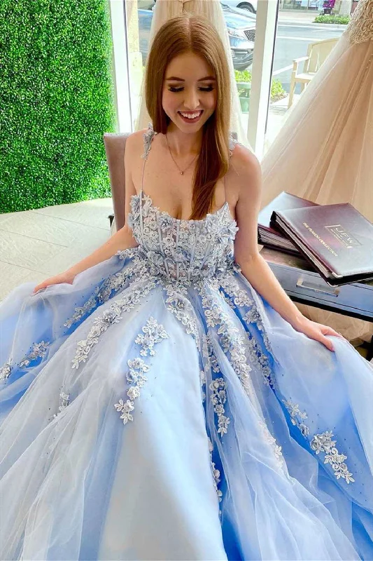 Elegant Backless Light Blue Lace Floral Long Prom Dresses, 3D Flowers Light Blue Lace Formal Dresses, Light Blue Evening Dresses C2204