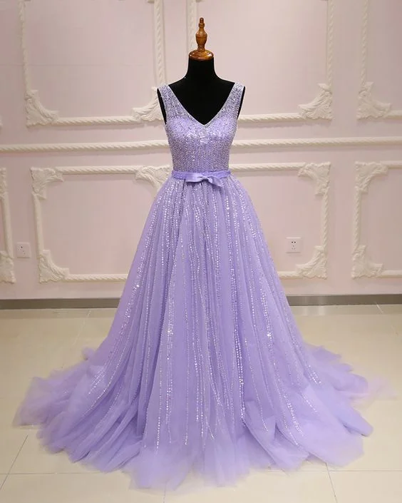 Lavender tulle V neck long customize A-line sequins senior prom dress with bowknot cg10074 Lavender tulle V neck long customize A-line sequins senior prom dress with bowknot cg10074