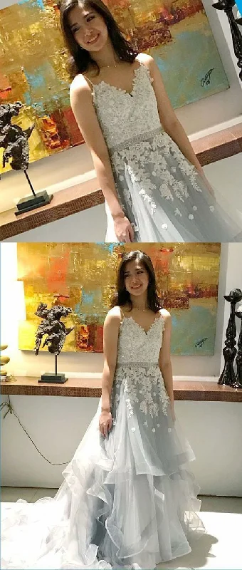 Pretty gray tulle spaghetti straps long ruffles train evening prom dress with lace cg9699 Pretty gray tulle spaghetti straps long ruffles train evening prom dress with lace cg9699