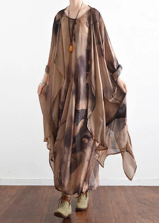Italian o neck asymmetric quilting clothes Photography khaki print Traveling Dresses