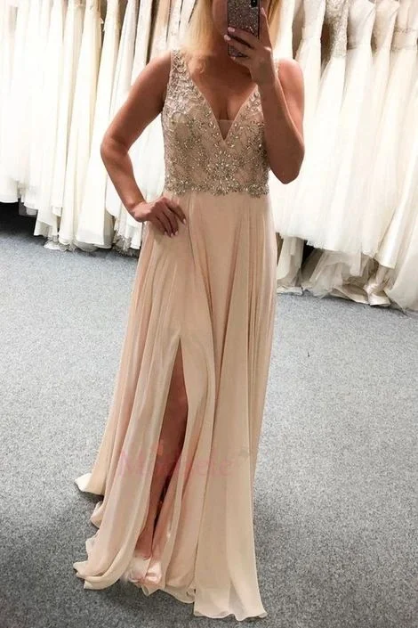 Peach V Neck Chiffon Long Prom Dress with Slit   cg10233